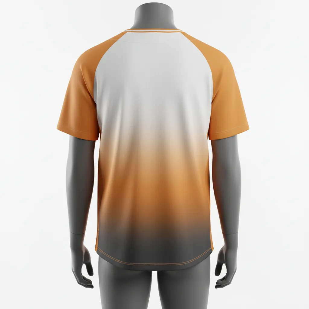 Custom Baseball 2 Button Baseball Jersey - White - Henley Amber Charcoal Sunset Gradient Block - Back View - Kinexa Sportswear