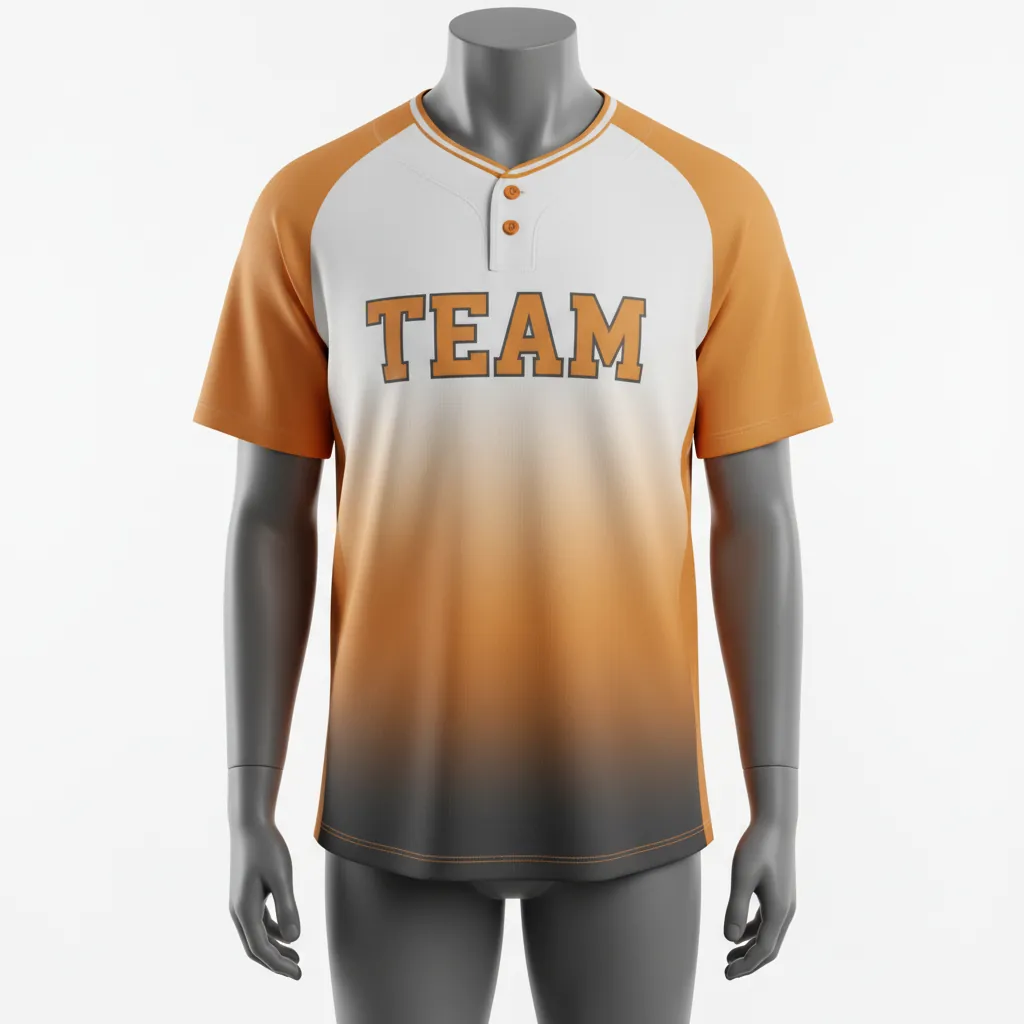 Custom Baseball 2 Button Baseball Jersey - White - Henley Amber Charcoal Sunset Gradient Block - Front View - Kinexa Sportswear