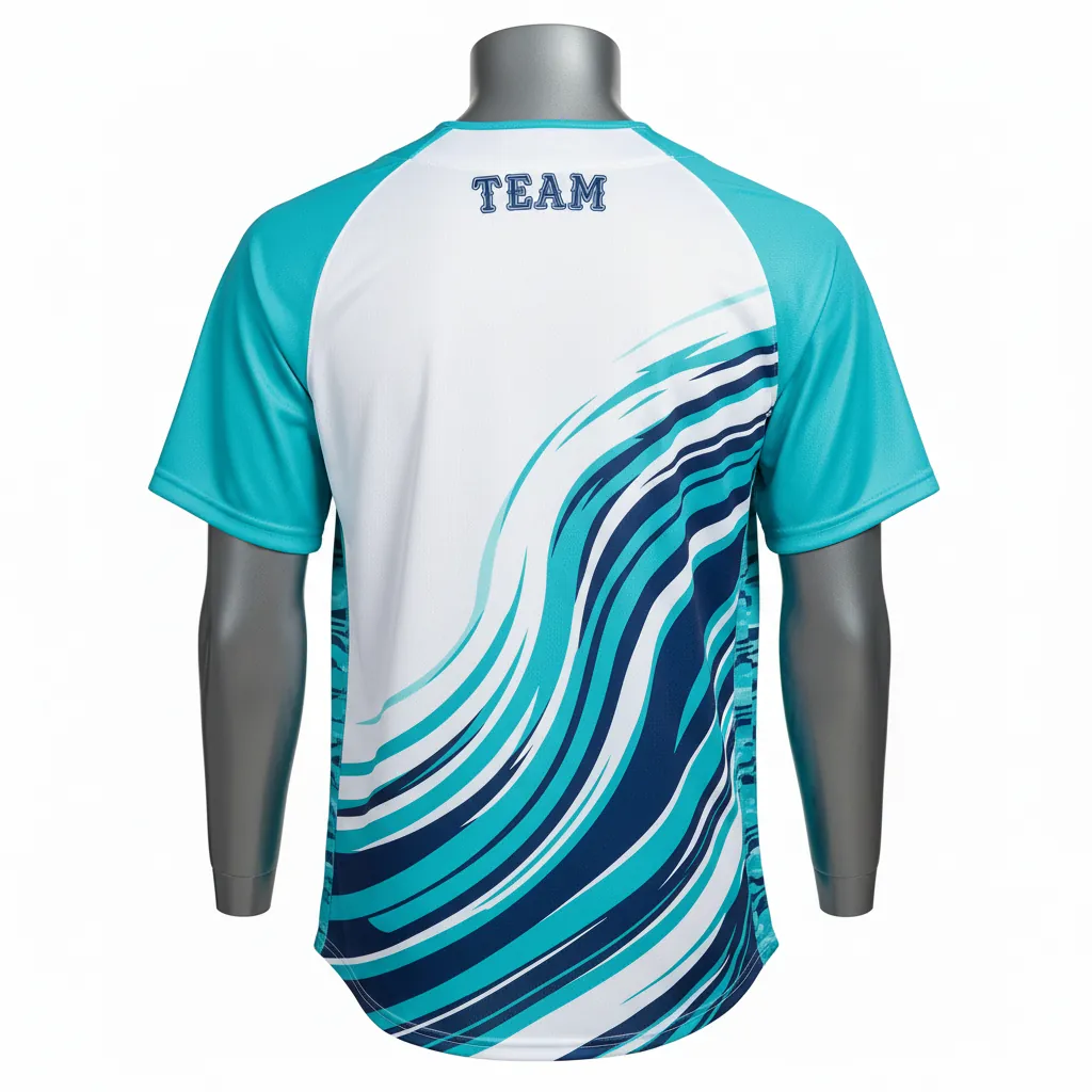 Custom Baseball 2 Button Baseball Jersey - White, Navy - Henley Aqua Wave Flow Script - Back View - Kinexa Sportswear