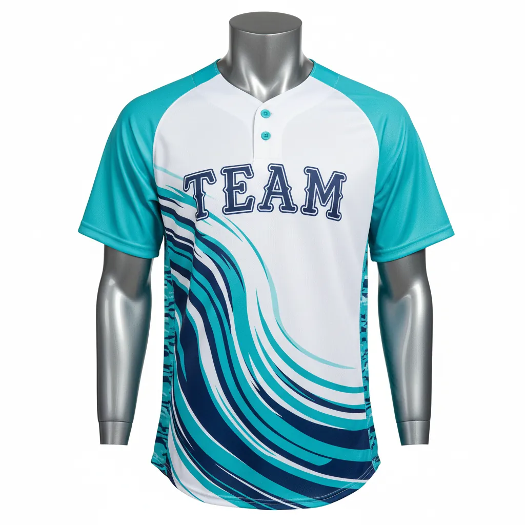 Custom Baseball 2 Button Baseball Jersey - White, Navy - Henley Aqua Wave Flow Script - Front View - Kinexa Sportswear