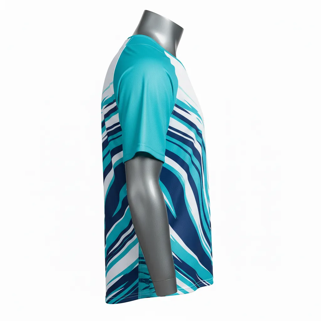Custom Baseball 2 Button Baseball Jersey - White, Navy - Henley Aqua Wave Flow Script - Side View - Kinexa Sportswear