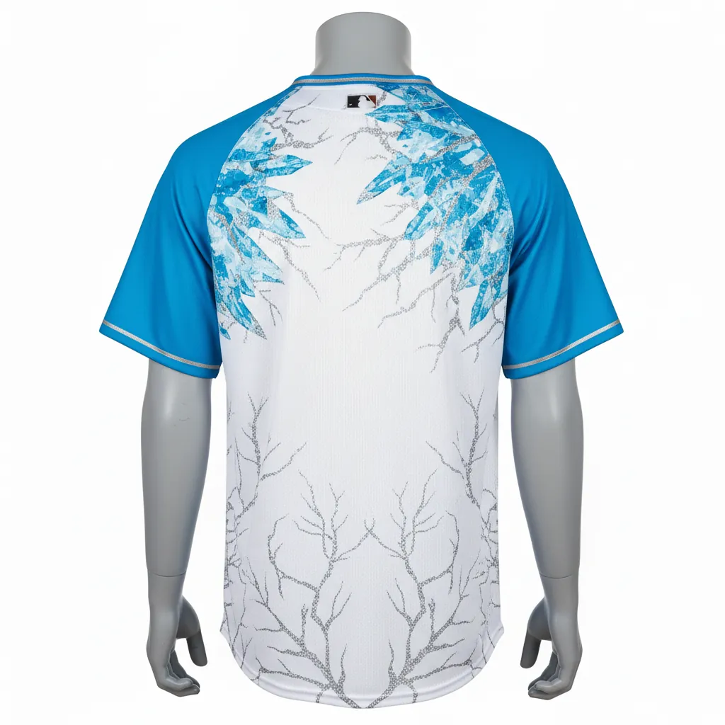 Custom Baseball 2 Button Baseball Jersey - White, Blue, Silver - Henley Arctic Ice Crystal Block - Back View - Kinexa Sportswear