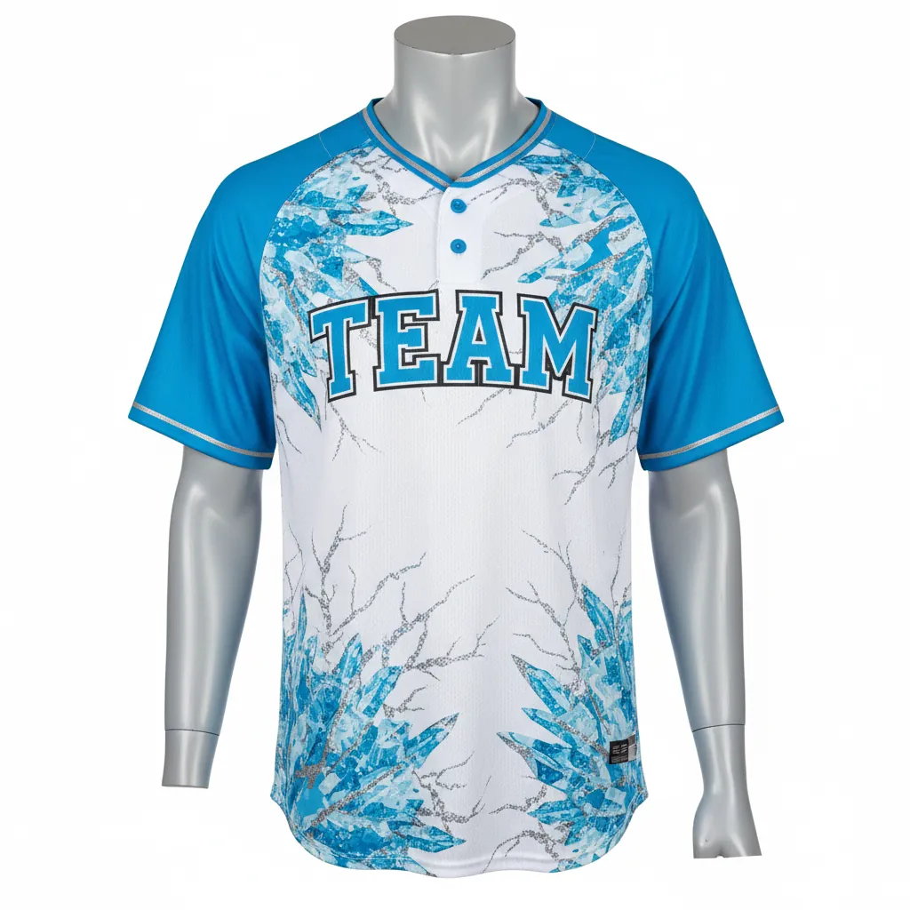 Custom Baseball 2 Button Baseball Jersey - White, Blue, Silver - Henley Arctic Ice Crystal Block - Front View - Kinexa Sportswear
