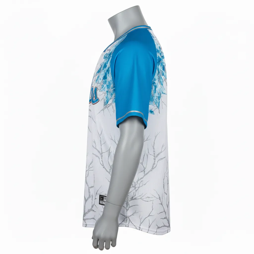 Custom Baseball 2 Button Baseball Jersey - White, Blue, Silver - Henley Arctic Ice Crystal Block - Side View - Kinexa Sportswear