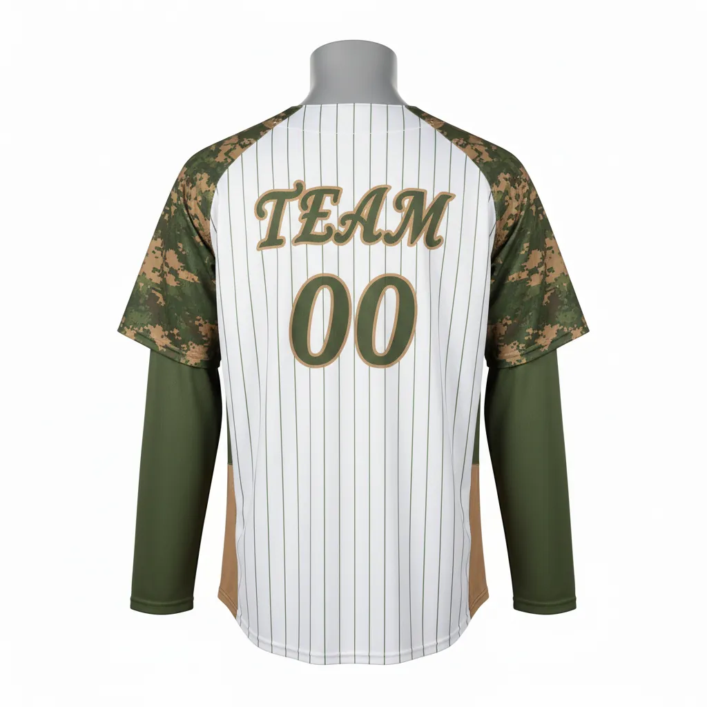 Custom Baseball 2 Button Baseball Jersey - White, Green - Henley Army Tan Camo Pattern Script - Back View - Kinexa Sportswear