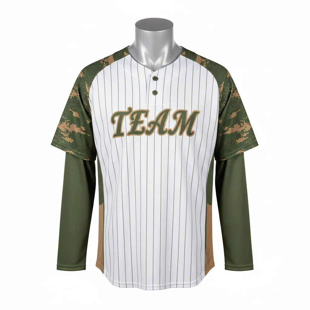 Custom Baseball 2 Button Baseball Jersey - White, Green - Henley Army Tan Camo Pattern Script - Front View - Kinexa Sportswear