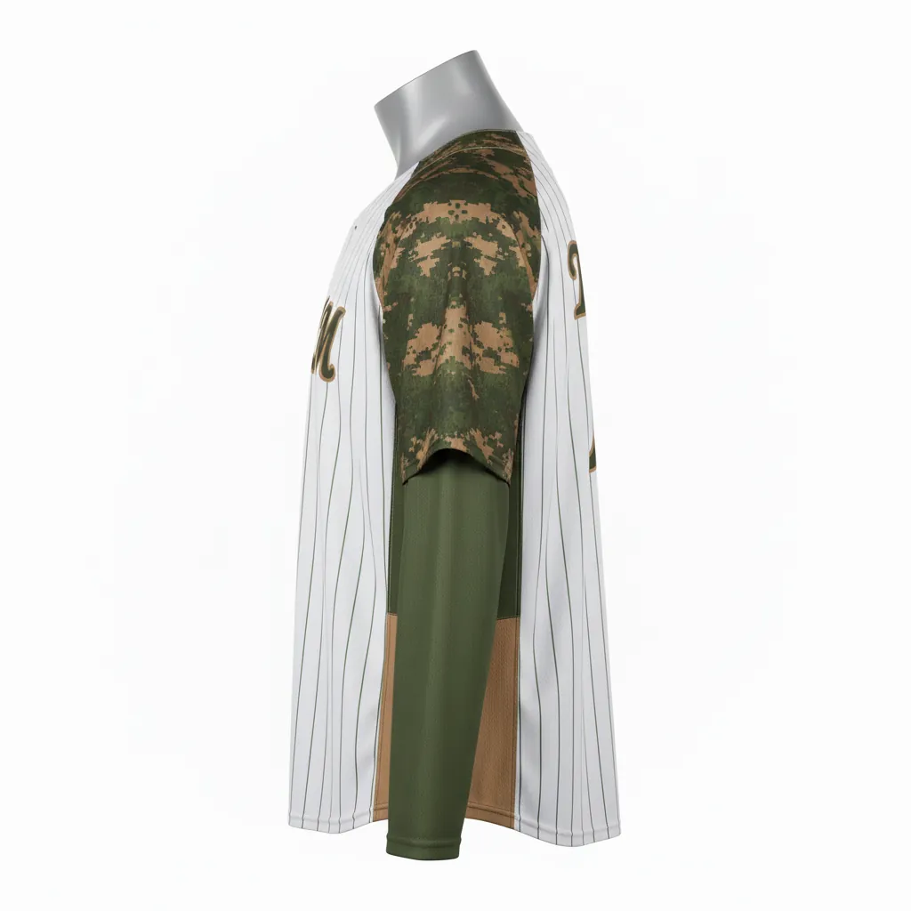 Custom Baseball 2 Button Baseball Jersey - White, Green - Henley Army Tan Camo Pattern Script - Side View - Kinexa Sportswear