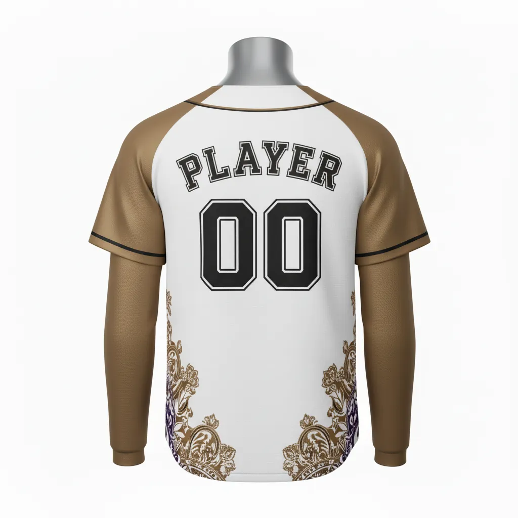 Custom Baseball 2 Button Baseball Jersey - White, Black - Henley Bronze Premium Accents Script - Back View - Kinexa Sportswear