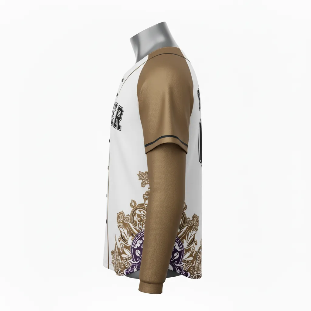 Custom Baseball 2 Button Baseball Jersey - White, Black - Henley Bronze Premium Accents Script - Side View - Kinexa Sportswear