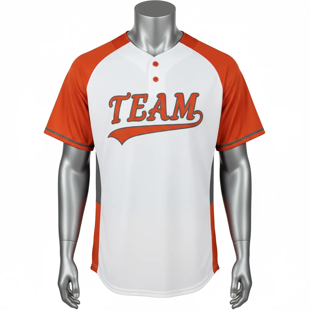 Custom Baseball 2 Button Baseball Jersey - White, Burnt, Orange... - Henley Side Panel Block Script - Front View - Kinexa Sportswear