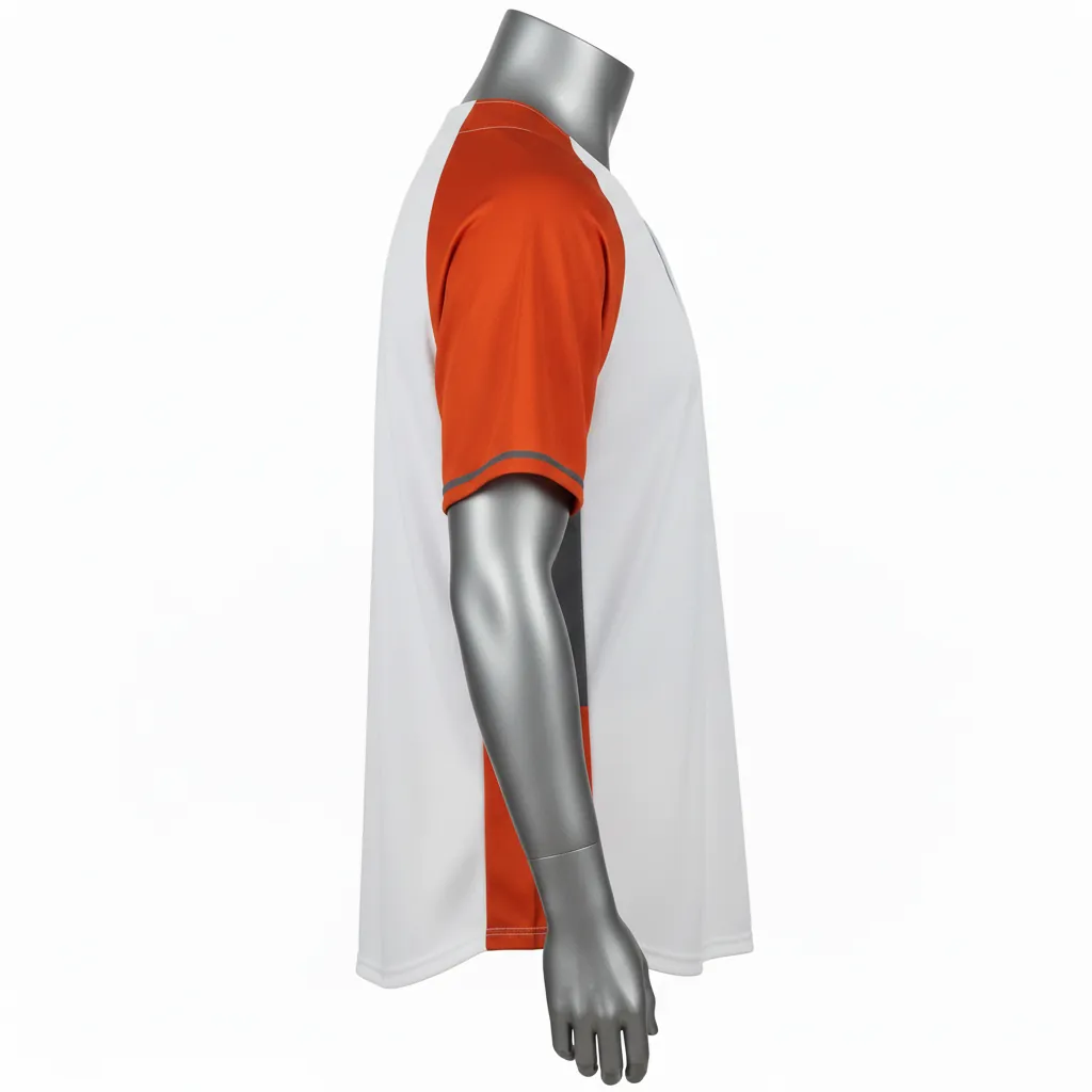 Custom Baseball 2 Button Baseball Jersey - White, Burnt, Orange... - Henley Side Panel Block Script - Side View - Kinexa Sportswear