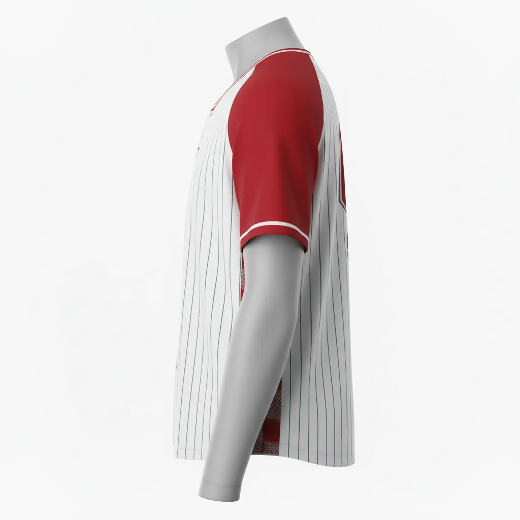 Custom Baseball 2 Button Baseball Jersey - White, Grey - Henley Cardinal Mesh Pattern Script - Side View - Kinexa Sportswear