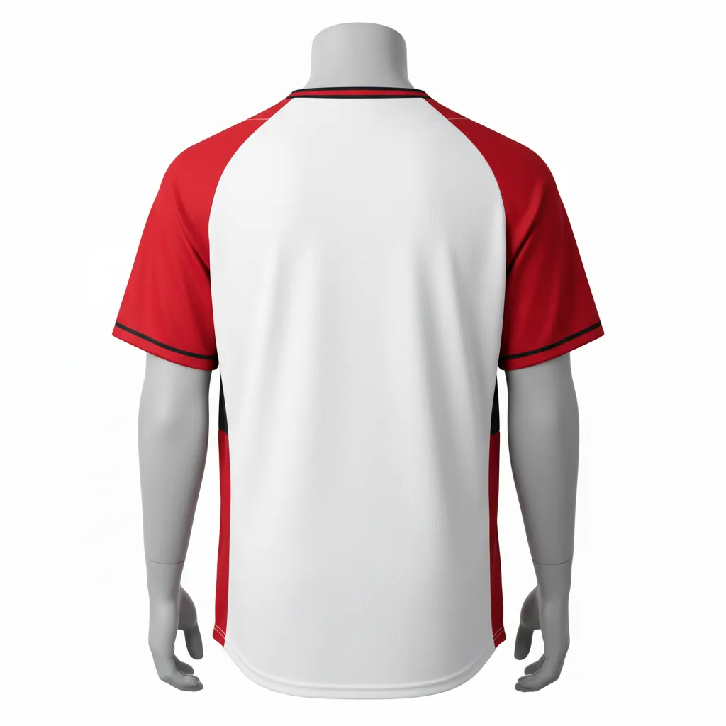 Custom Baseball 2 Button Baseball Jersey - White, Red, Black - Henley Cardinal Colorblock Script - Back View - Kinexa Sportswear
