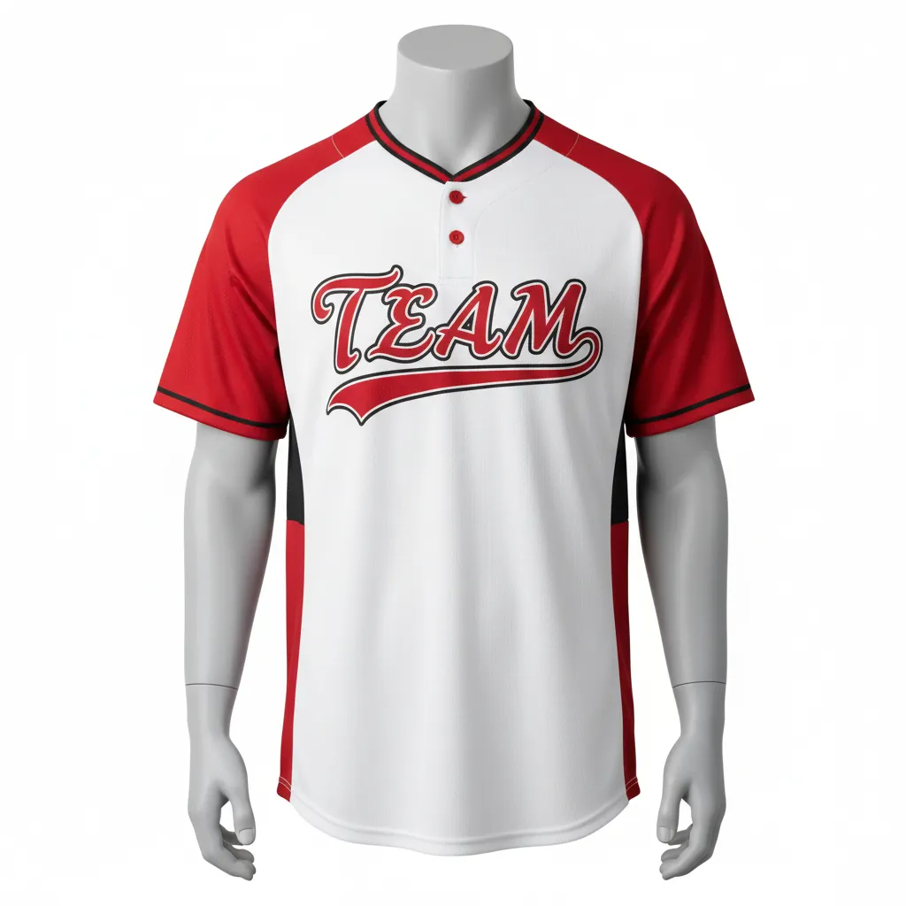 Custom Baseball 2 Button Baseball Jersey - White, Red, Black - Henley Cardinal Colorblock Script - Front View - Kinexa Sportswear