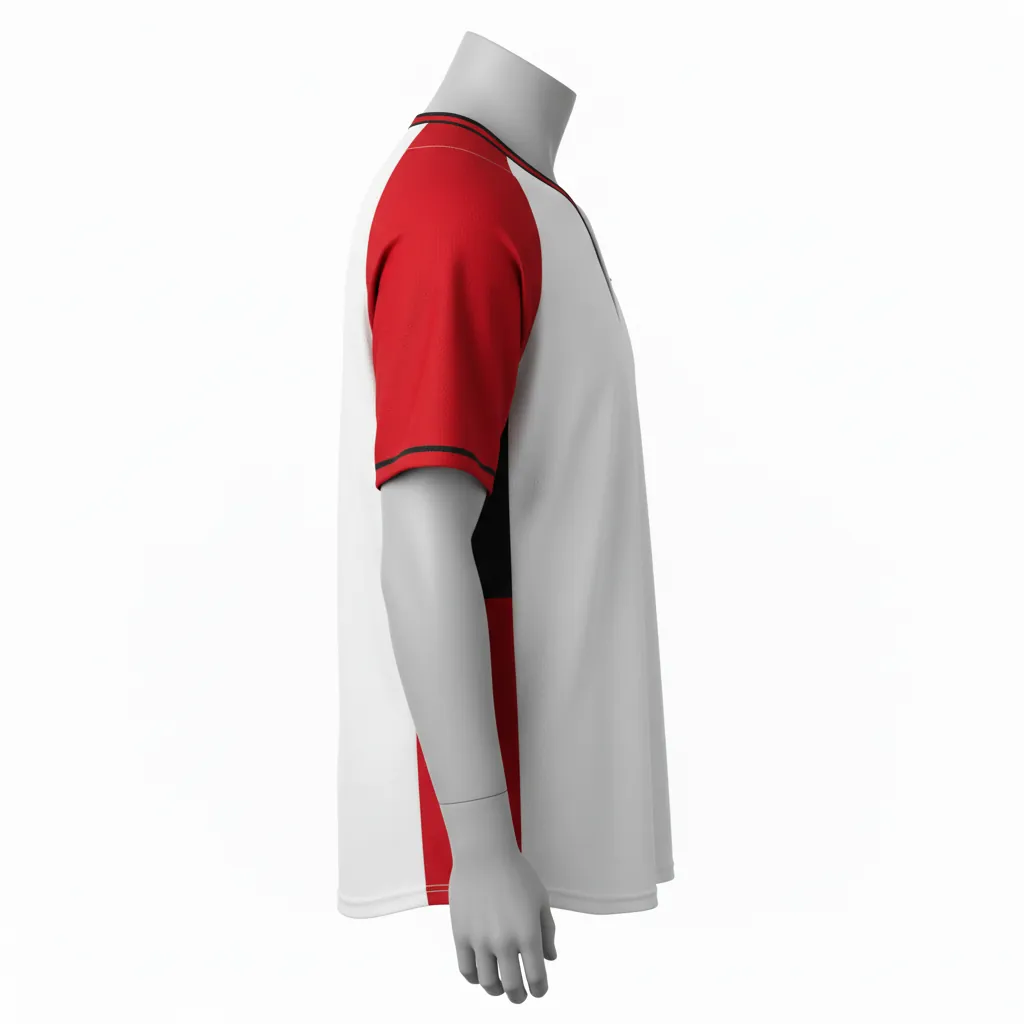 Custom Baseball 2 Button Baseball Jersey - White, Red, Black - Henley Cardinal Colorblock Script - Side View - Kinexa Sportswear