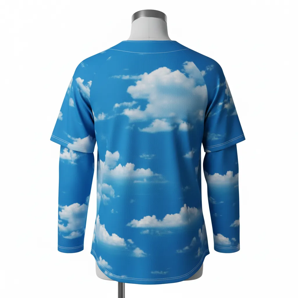 Custom Baseball 2 Button Baseball Jersey - White, White - Henley Cerulean Sky Clouds Script - Back View - Kinexa Sportswear