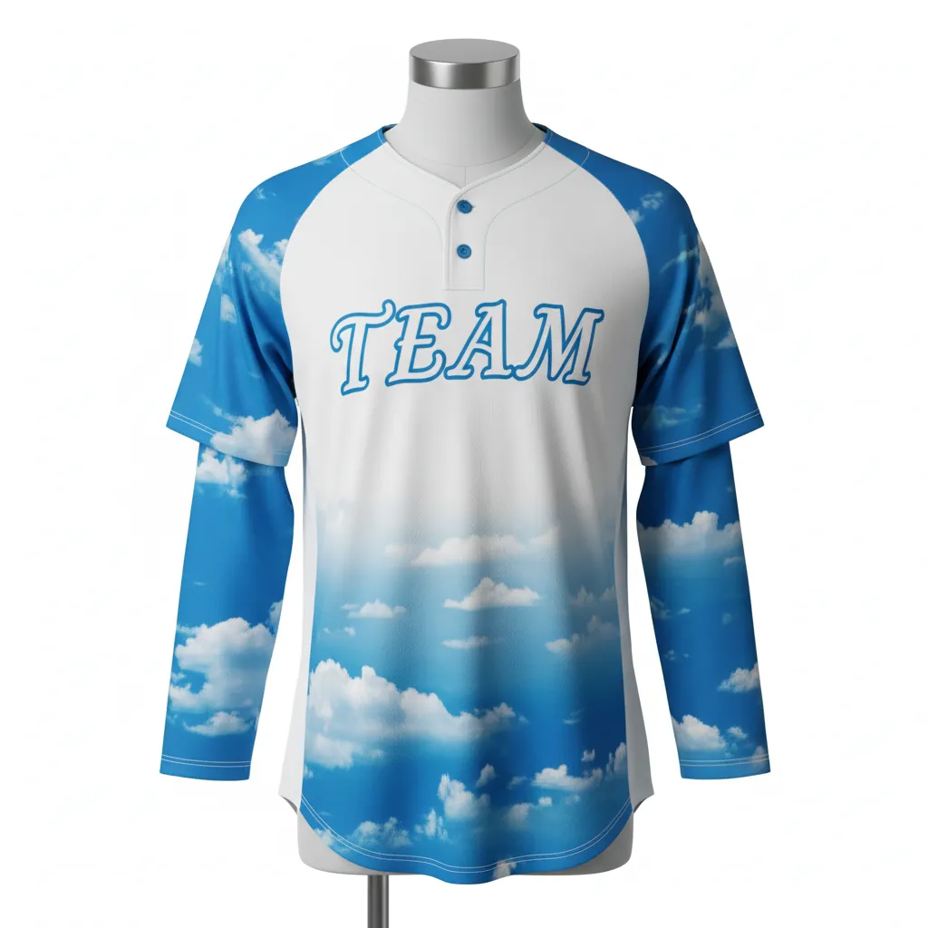 Custom Baseball 2 Button Baseball Jersey - White, White - Henley Cerulean Sky Clouds Script - Front View - Kinexa Sportswear