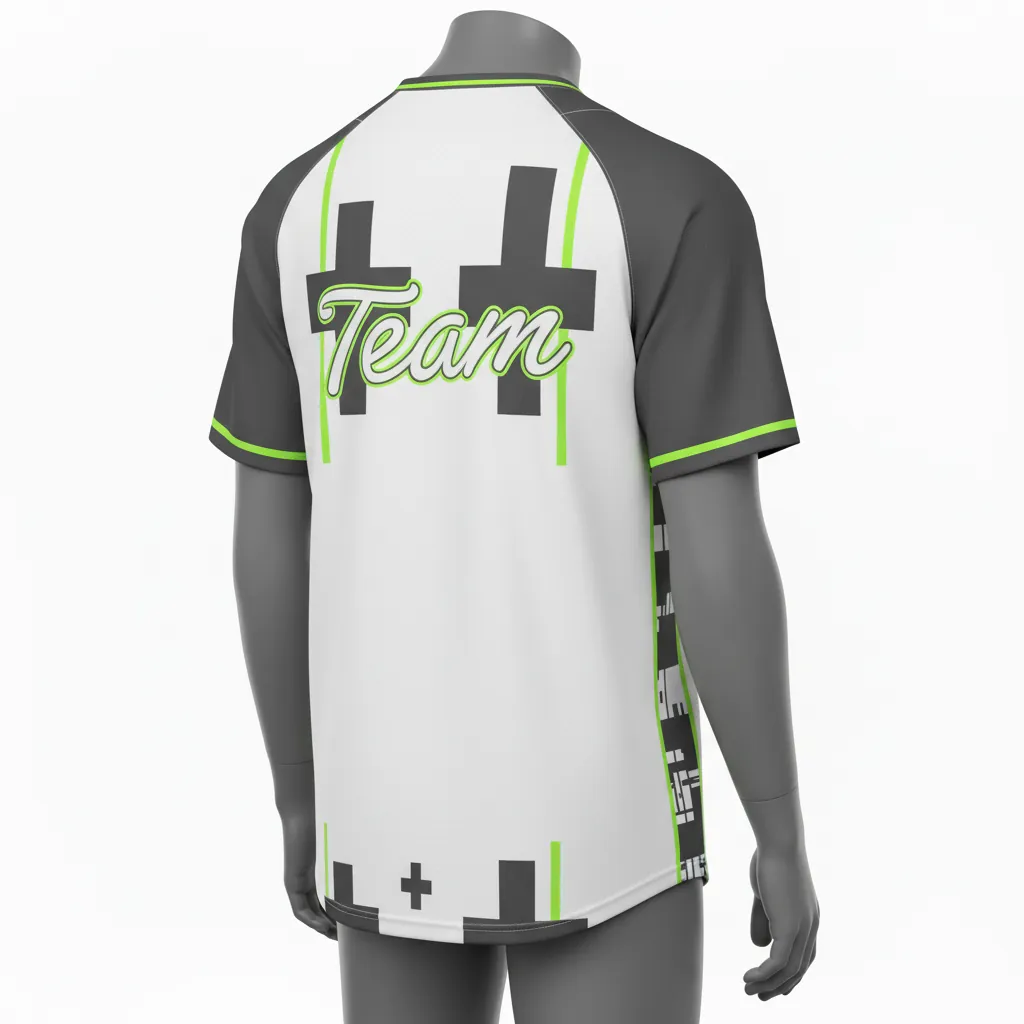 Custom Baseball 2 Button Baseball Jersey - White, Green - Henley Charcoal Neon Urban Blocks Script - Back View - Kinexa Sportswear