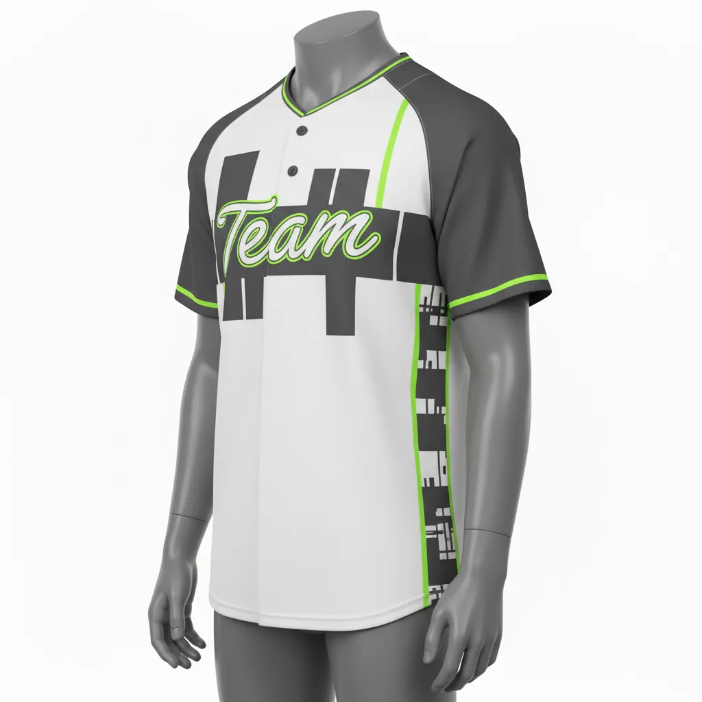 Custom Baseball 2 Button Baseball Jersey - White, Green - Henley Charcoal Neon Urban Blocks Script - Front View - Kinexa Sportswear