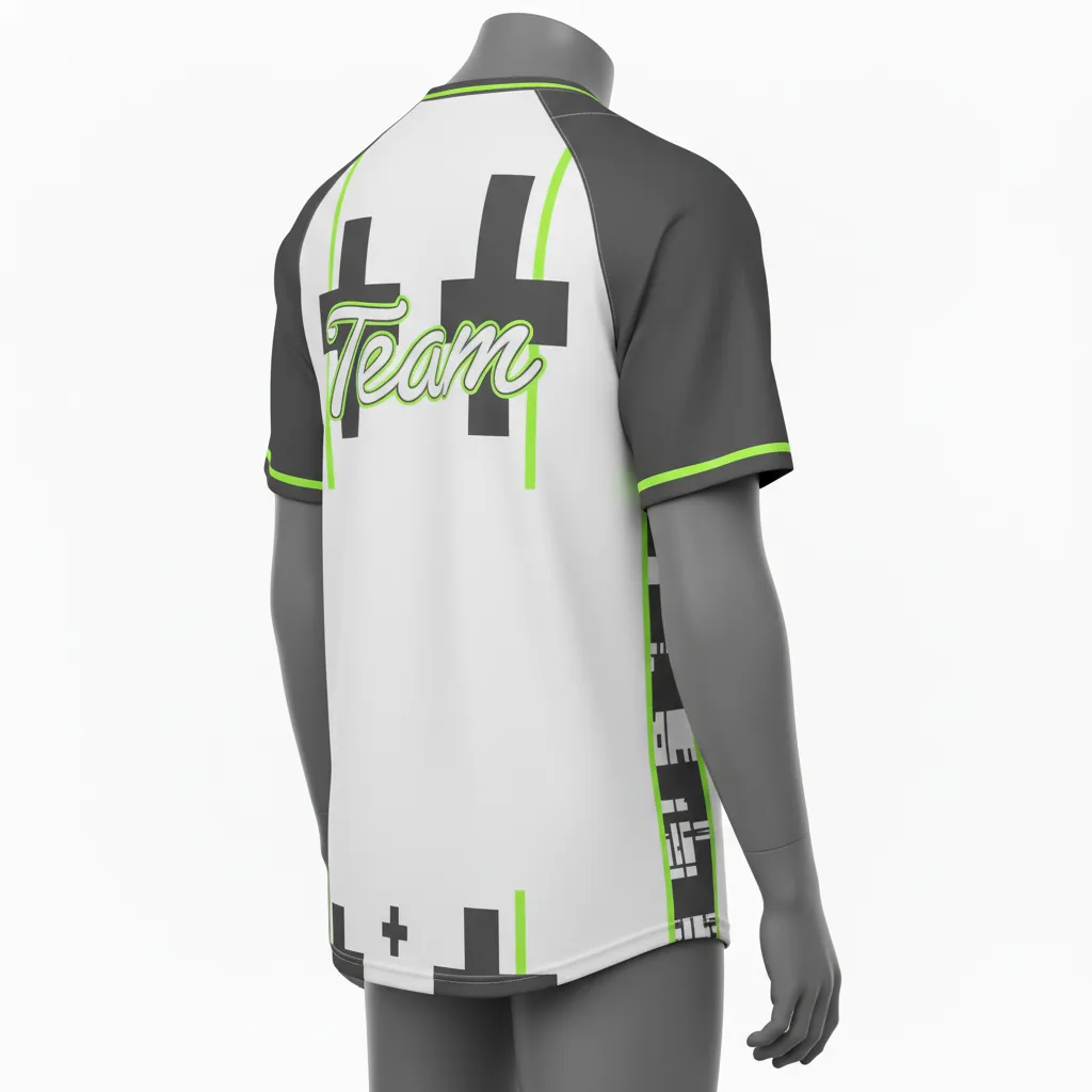 Custom Baseball 2 Button Baseball Jersey - White, Green - Henley Charcoal Neon Urban Blocks Script - Side View - Kinexa Sportswear