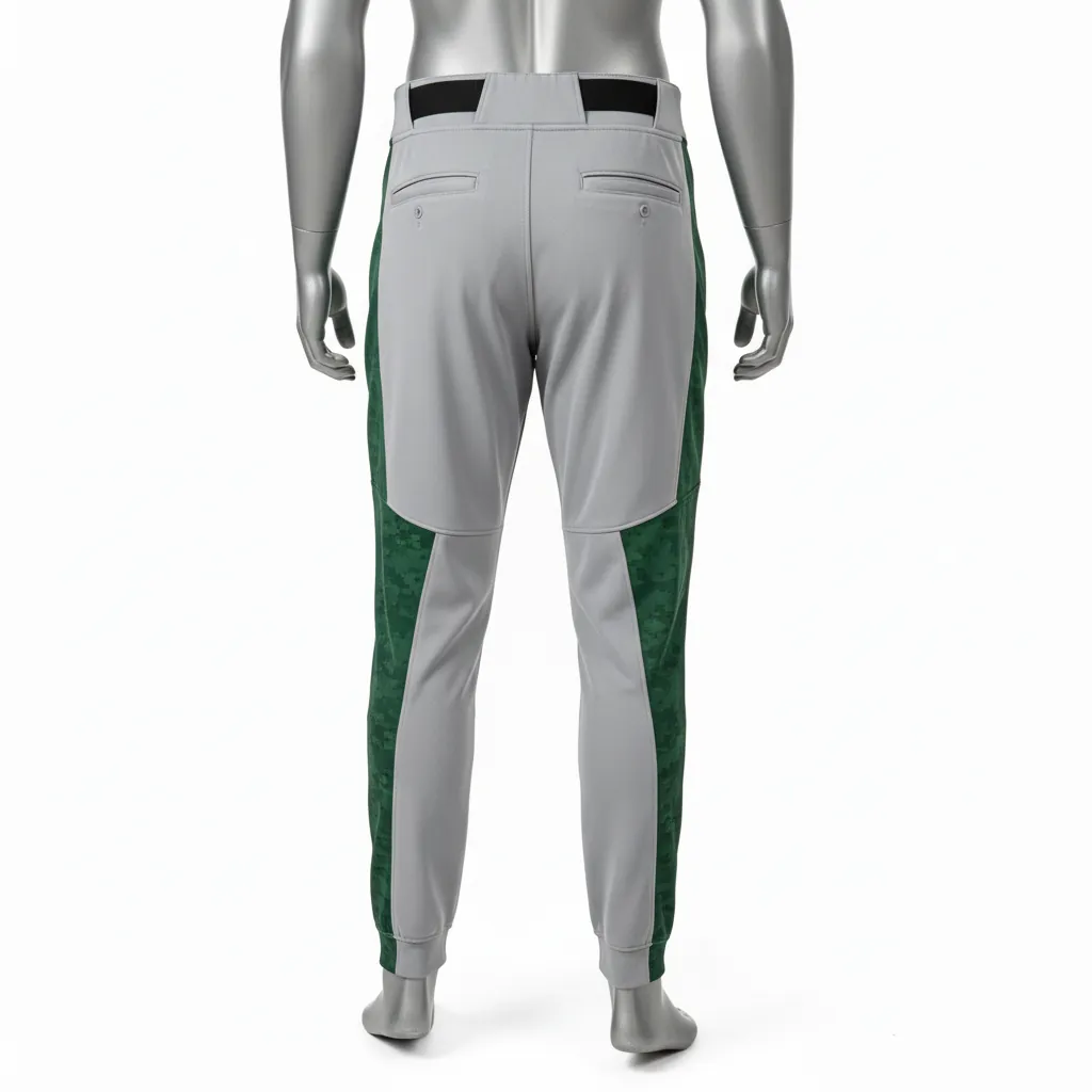 Custom Baseball Ankle Length Baseball Pant - Gray, Green - Forest Digital Camo Side Panel - Back View - Kinexa Sportswear