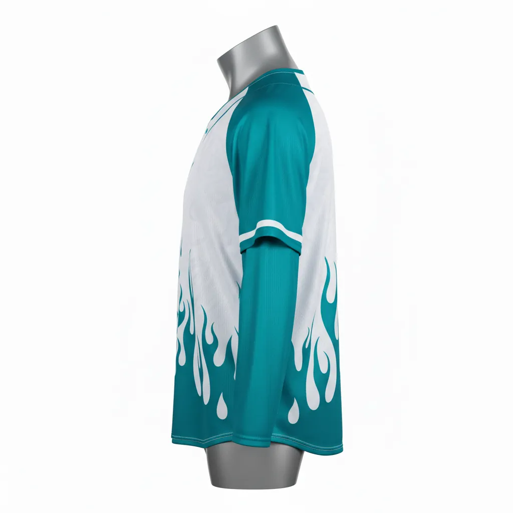 Custom Baseball Batting Practice Jersey - Teal - Mesh Tribal Flame - Side View - Kinexa Sportswear