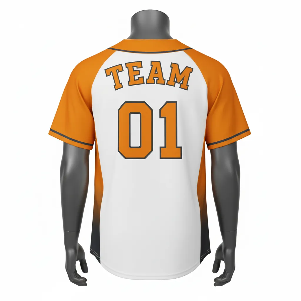 Custom Baseball Full Button Baseball Jersey - White - Amber Charcoal Sunset Gradient Block - Back View - Kinexa Sportswear