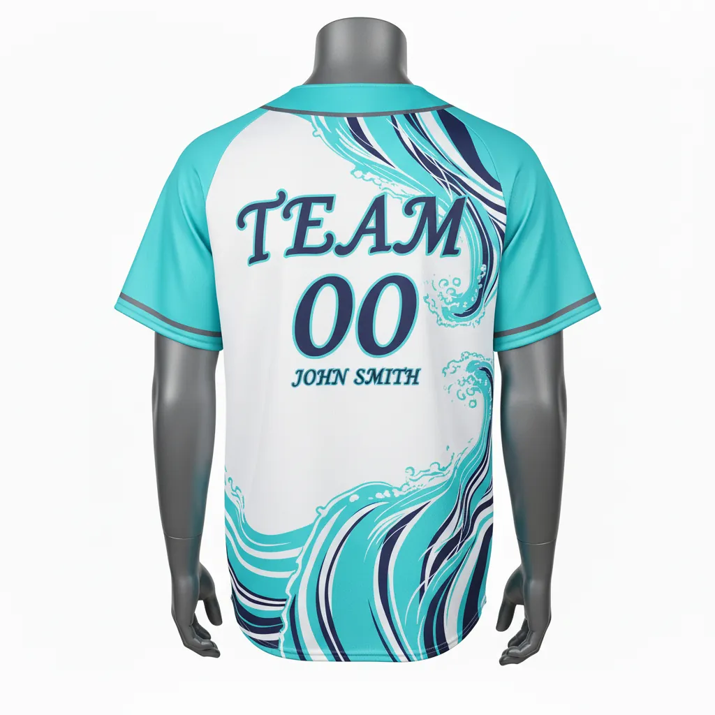 Custom Baseball Full Button Baseball Jersey - White, Navy - Aqua Wave Flow Script - Back View - Kinexa Sportswear