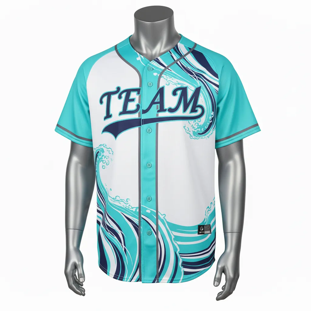 Custom Baseball Full Button Baseball Jersey - White, Navy - Aqua Wave Flow Script - Front View - Kinexa Sportswear