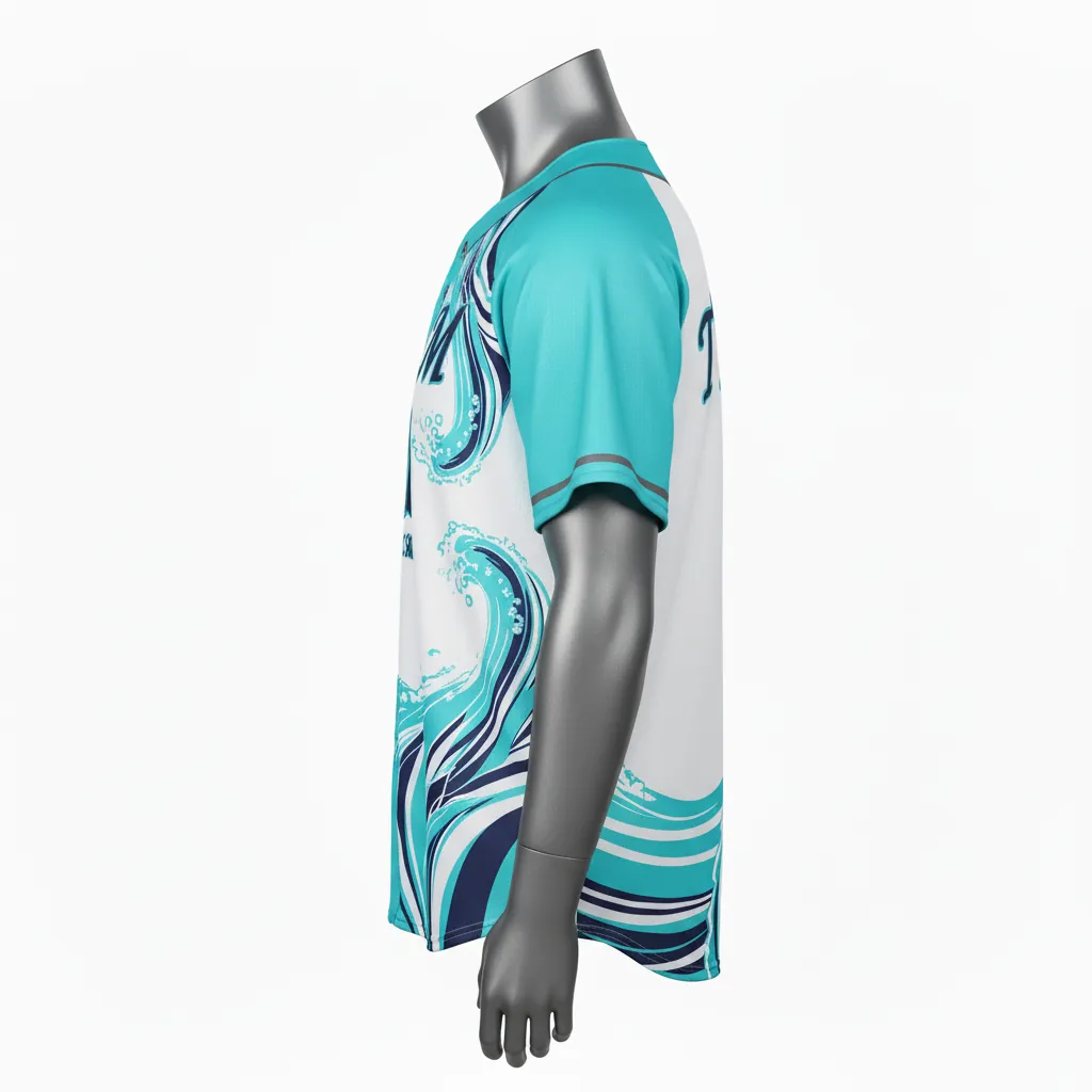 Custom Baseball Full Button Baseball Jersey - White, Navy - Aqua Wave Flow Script - Side View - Kinexa Sportswear