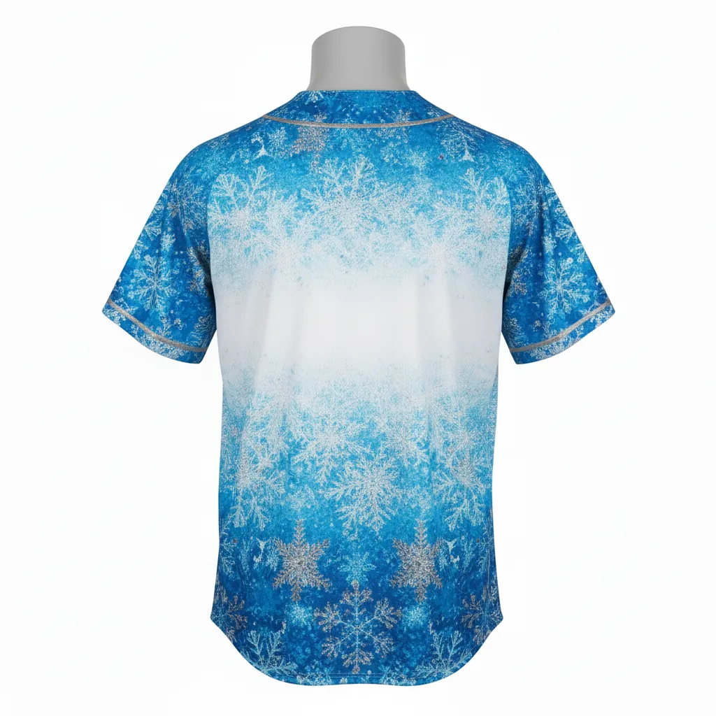 Custom Baseball Full Button Baseball Jersey - White, Blue, Silver - Arctic Ice Crystal Block - Back View - Kinexa Sportswear