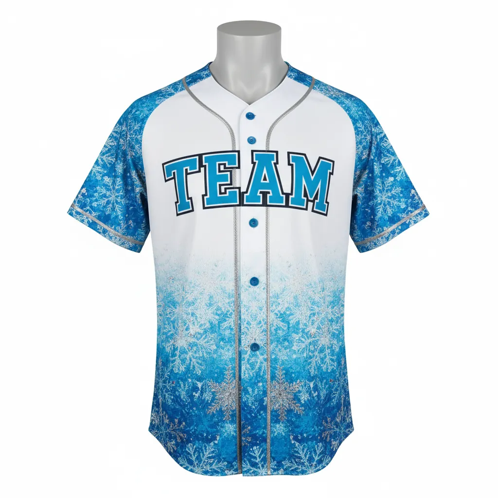 Custom Baseball Full Button Baseball Jersey - White, Blue, Silver - Arctic Ice Crystal Block - Front View - Kinexa Sportswear