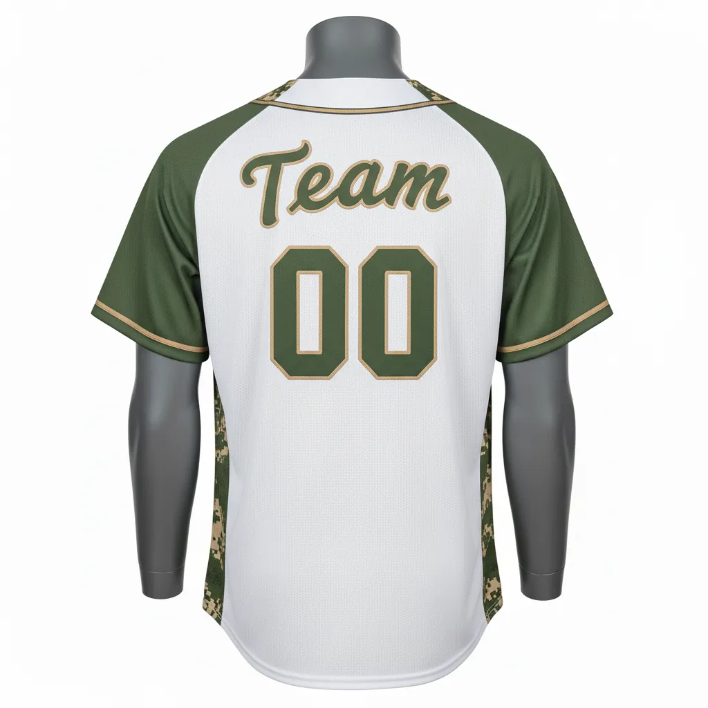 Custom Baseball Full Button Baseball Jersey - White, Green - Army Tan Camo Pattern Script - Back View - Kinexa Sportswear