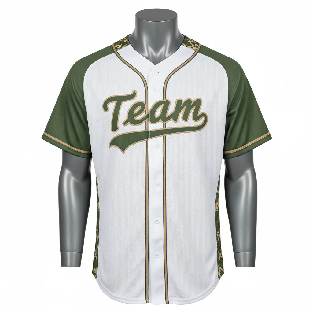 Custom Baseball Full Button Baseball Jersey - White, Green - Army Tan Camo Pattern Script - Front View - Kinexa Sportswear