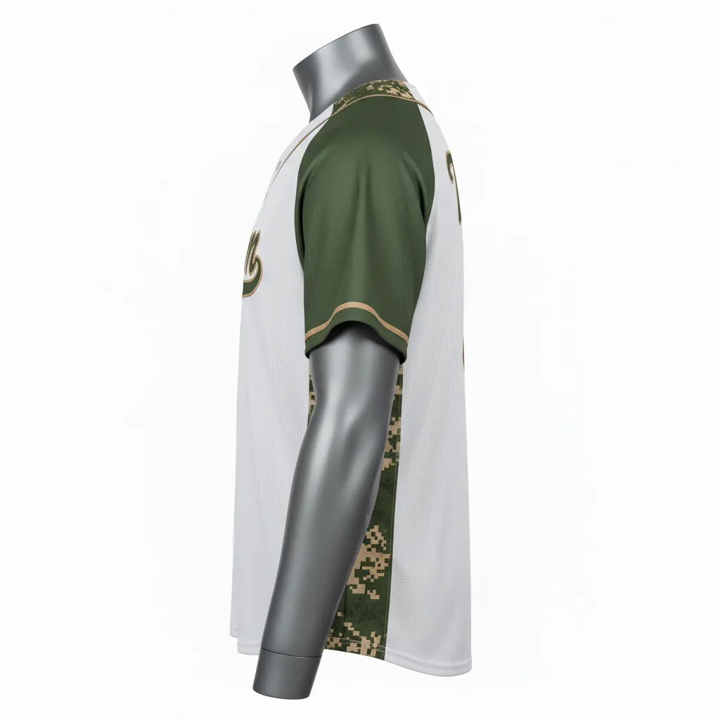 Custom Baseball Full Button Baseball Jersey - White, Green - Army Tan Camo Pattern Script - Side View - Kinexa Sportswear