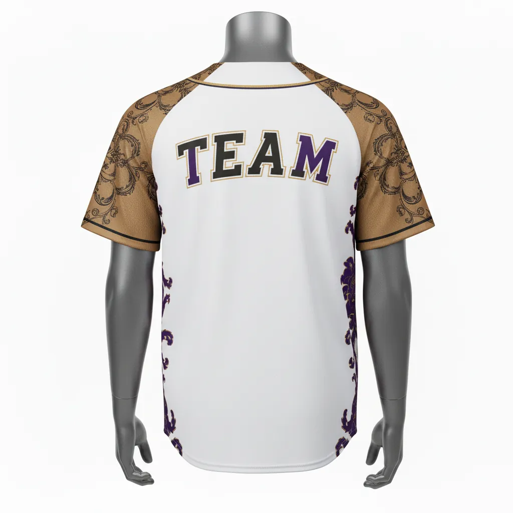 Custom Baseball Full Button Baseball Jersey - White, Black - Bronze Premium Accents Script - Back View - Kinexa Sportswear
