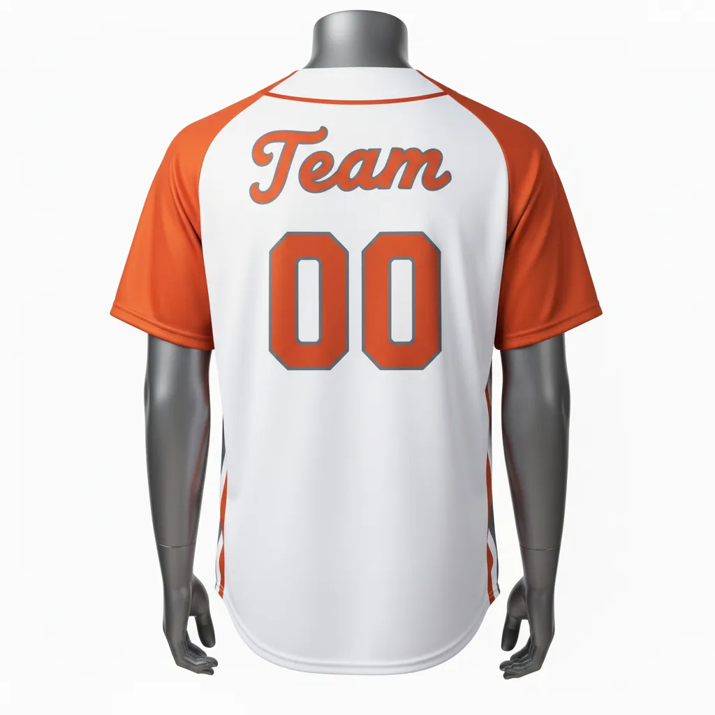 Custom Baseball Full Button Baseball Jersey - White, Burnt, Orange... - Side Panel Block Script - Back View - Kinexa Sportswear