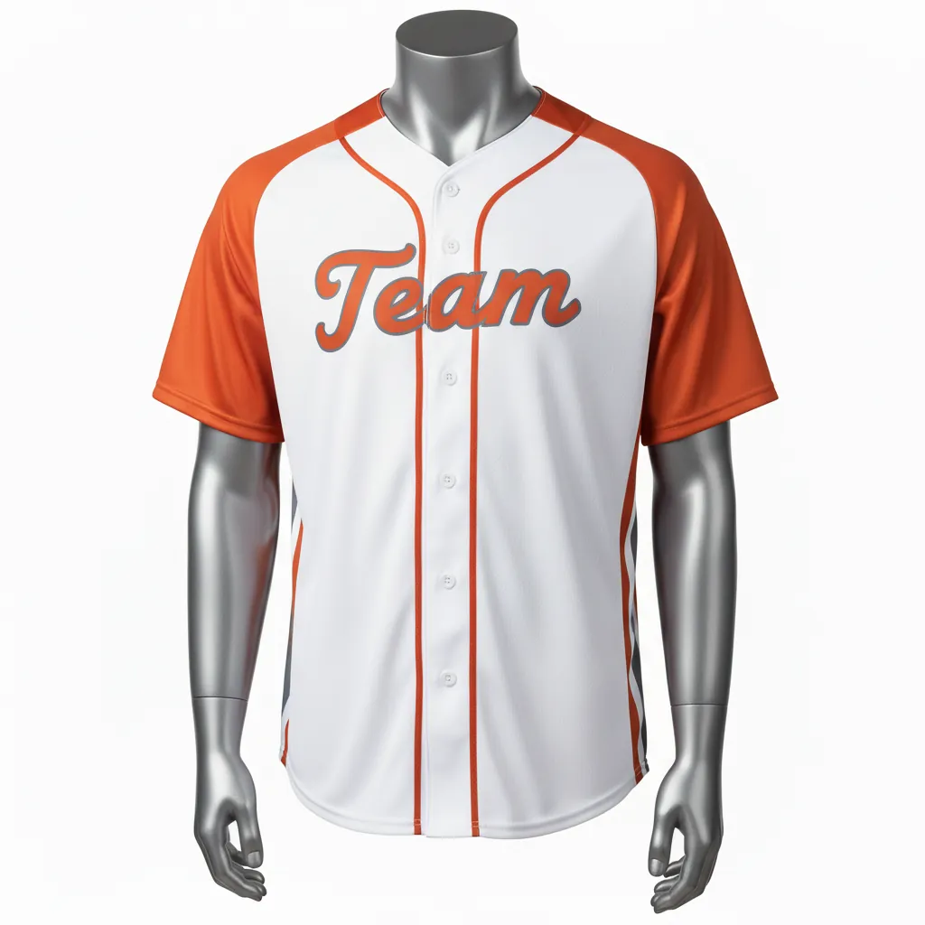 Custom Baseball Full Button Baseball Jersey - White, Burnt, Orange... - Side Panel Block Script - Front View - Kinexa Sportswear