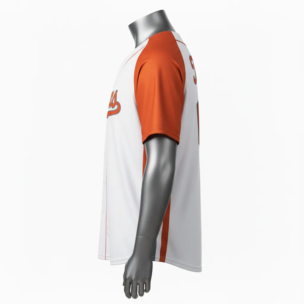 Custom Baseball Full Button Baseball Jersey - White, Burnt, Orange... - Side Panel Block Script - Side View - Kinexa Sportswear