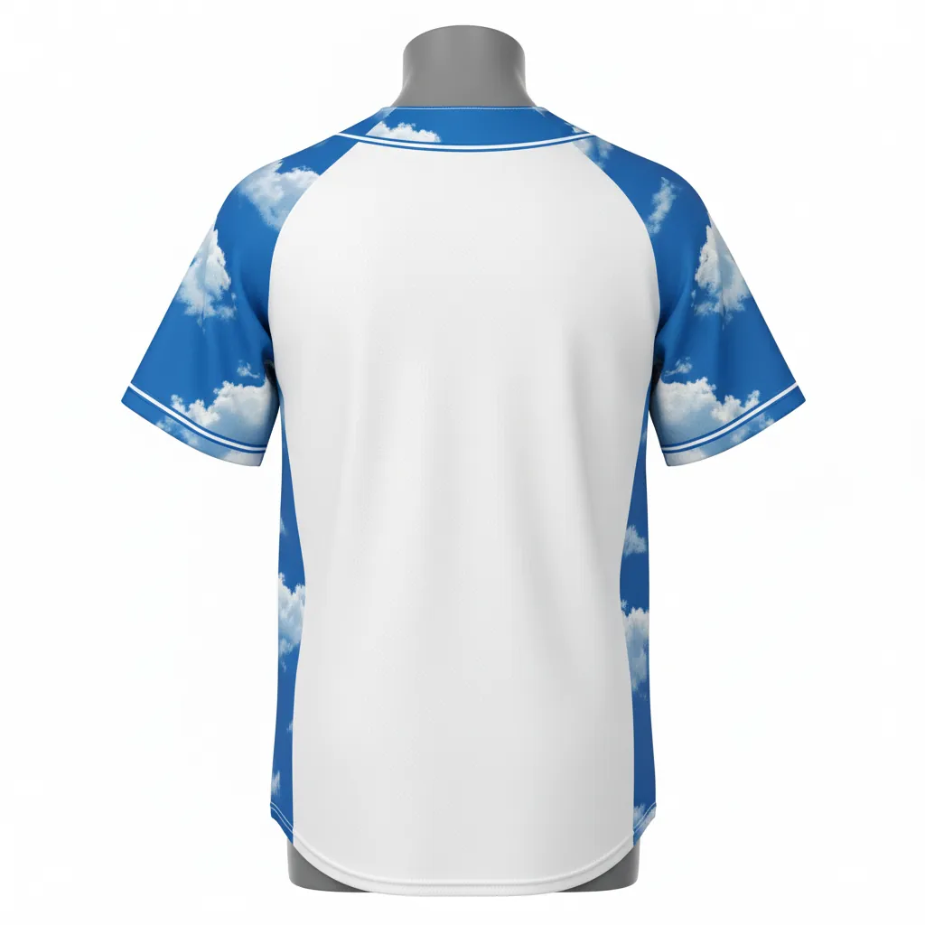 Custom Baseball Full Button Baseball Jersey - White, White - Cerulean Sky Clouds Script - Back View - Kinexa Sportswear