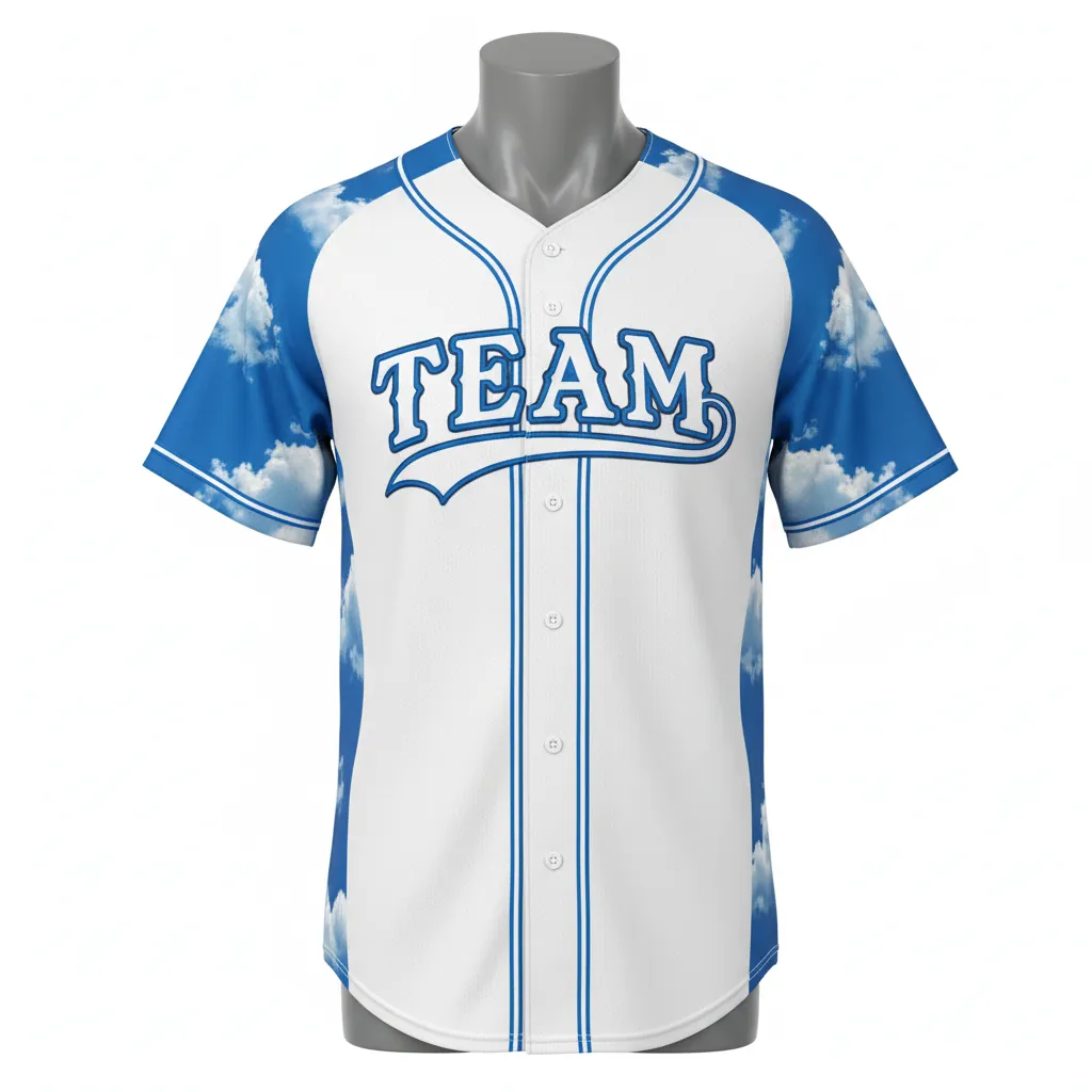 Custom Baseball Full Button Baseball Jersey - White, White - Cerulean Sky Clouds Script - Front View - Kinexa Sportswear