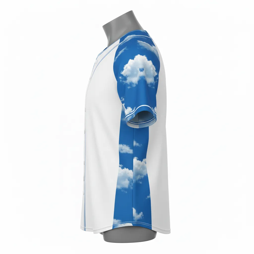 Custom Baseball Full Button Baseball Jersey - White, White - Cerulean Sky Clouds Script - Side View - Kinexa Sportswear
