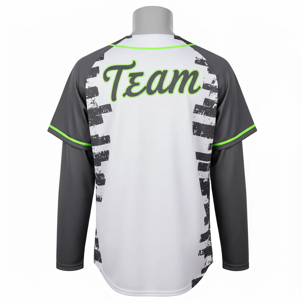 Custom Baseball Full Button Baseball Jersey - White, Green - Charcoal Neon Urban Blocks Script - Back View - Kinexa Sportswear