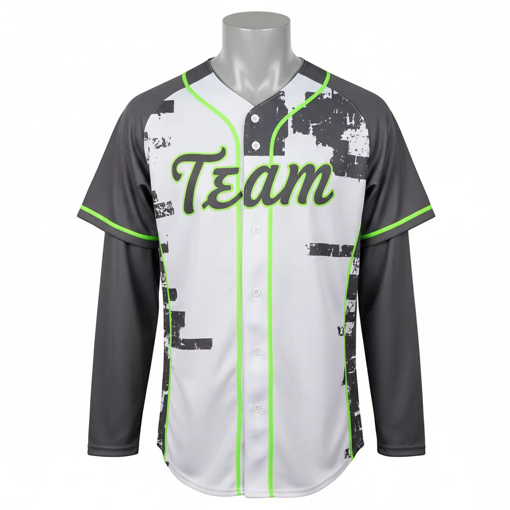 Custom Baseball Full Button Baseball Jersey - White, Green - Charcoal Neon Urban Blocks Script - Front View - Kinexa Sportswear