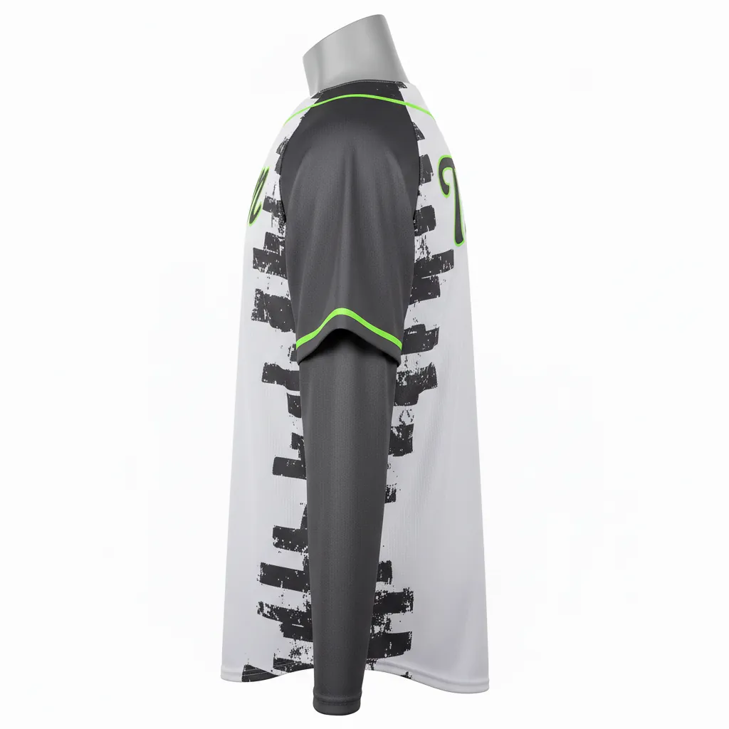 Custom Baseball Full Button Baseball Jersey - White, Green - Charcoal Neon Urban Blocks Script - Side View - Kinexa Sportswear