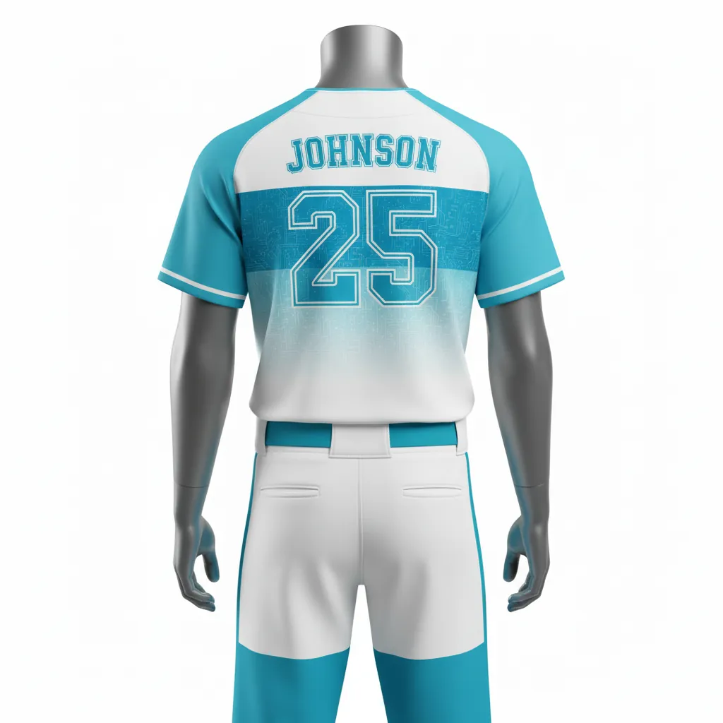 Custom Baseball Full Button Baseball Uniform Set - White - Aqua Circuit Chest Panel Fade - Back View - Kinexa Sportswear