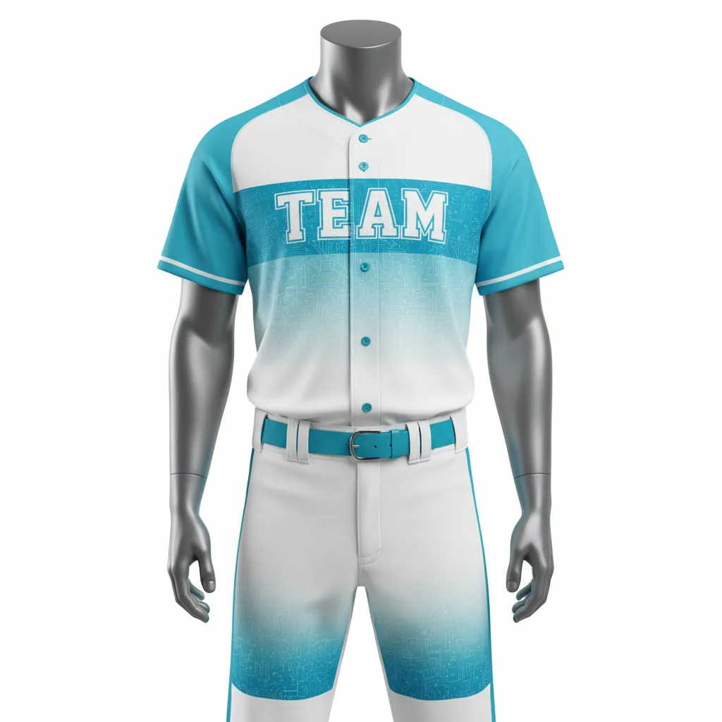 Custom Baseball Full Button Baseball Uniform Set - White - Aqua Circuit Chest Panel Fade - Front View - Kinexa Sportswear