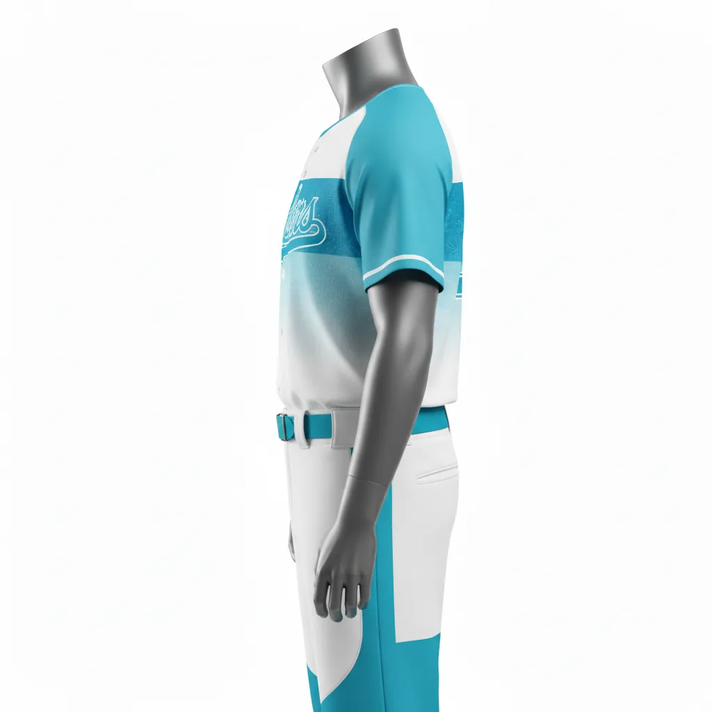 Custom Baseball Full Button Baseball Uniform Set - White - Aqua Circuit Chest Panel Fade - Side View - Kinexa Sportswear