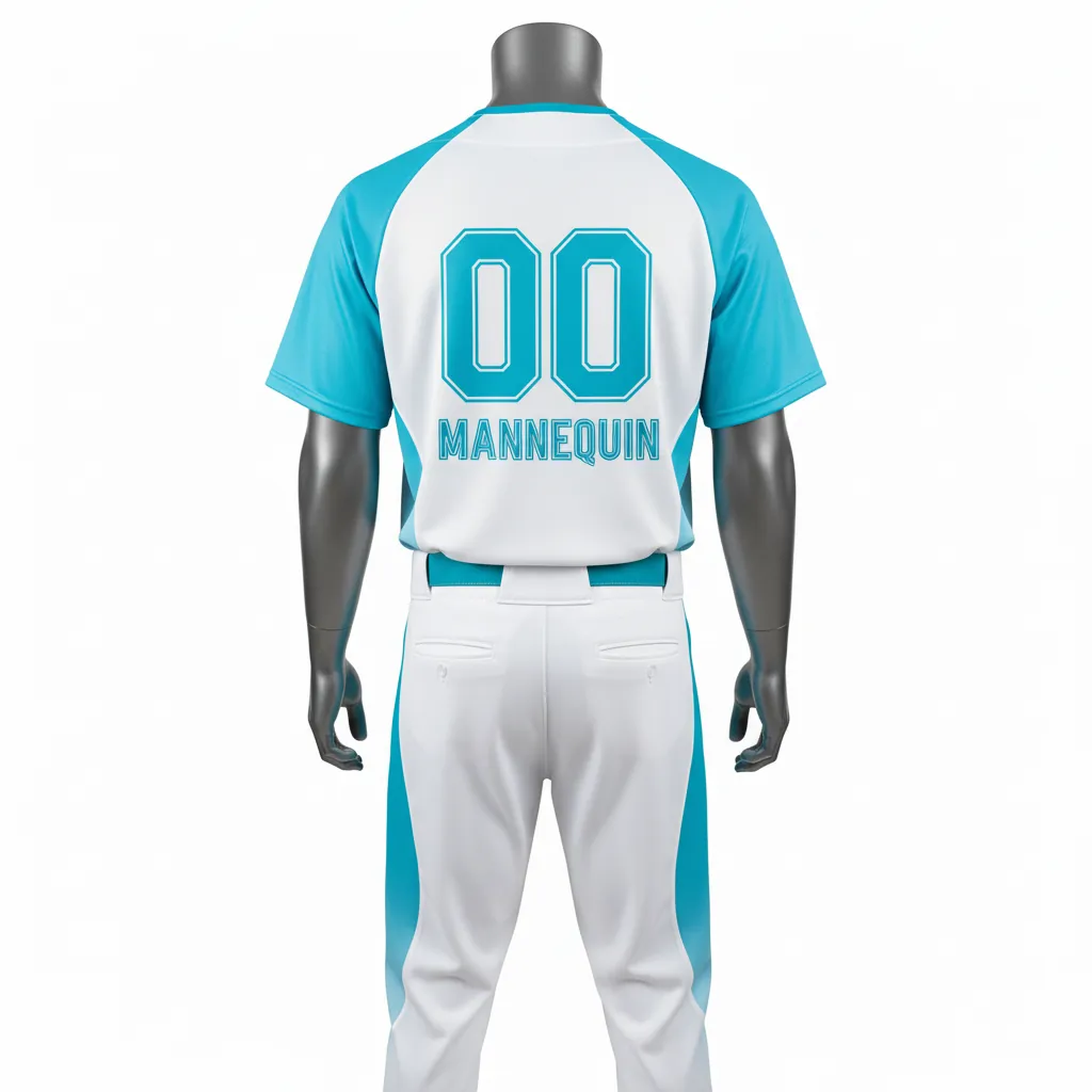 Custom Baseball Full Button Baseball Uniform Set - White - Aqua Curved Side Panels Fading - Back View - Kinexa Sportswear