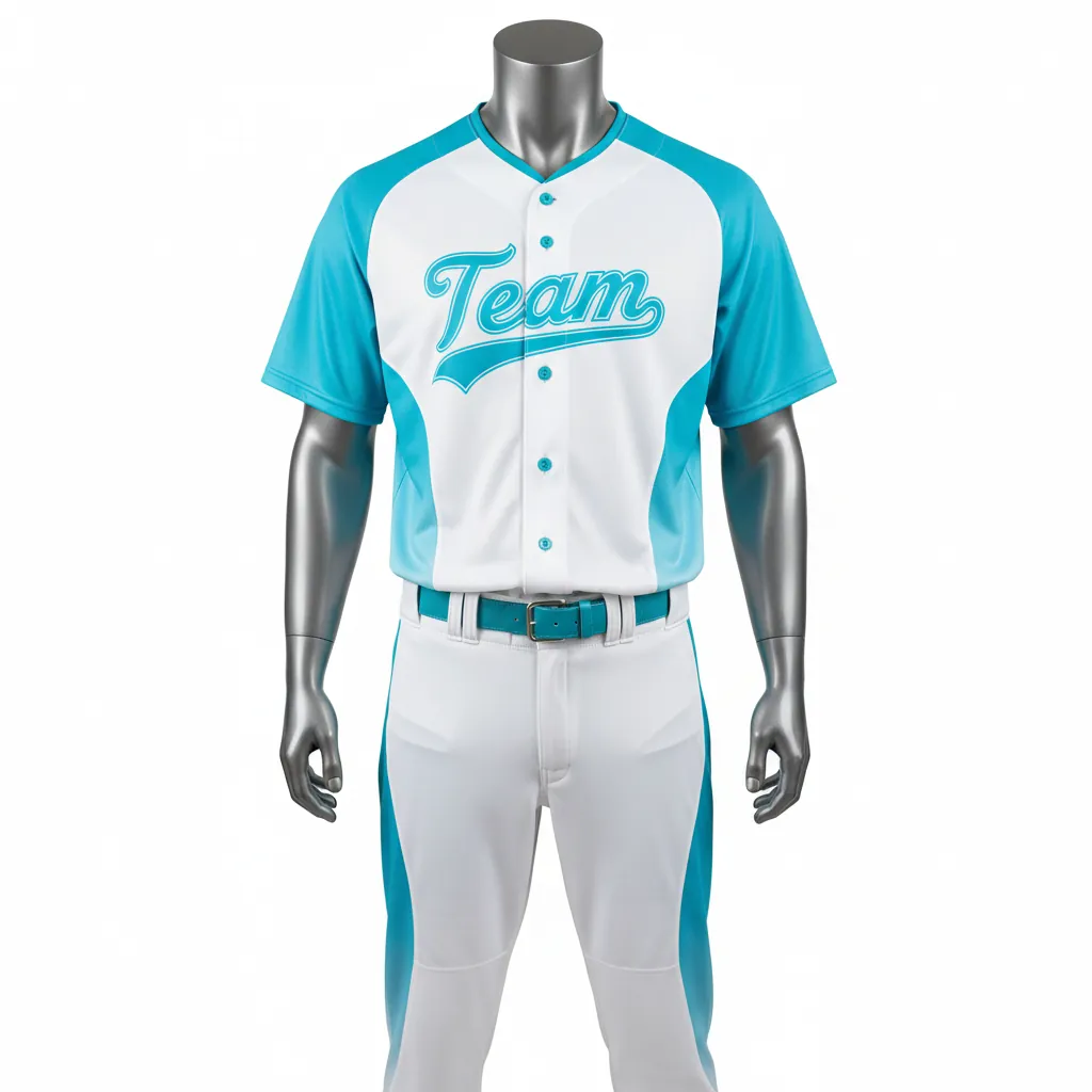 Custom Baseball Full Button Baseball Uniform Set - White - Aqua Curved Side Panels Fading - Front View - Kinexa Sportswear